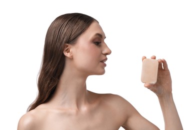 Photo of Beautiful woman with soap bar on white background, closeup