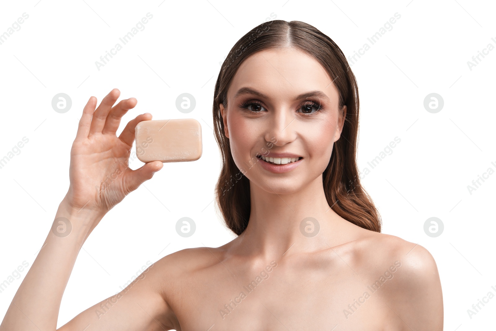Smiling woman with soap bar on white background, closeup Photo of Smiling woman with soap bar on white background, closeup