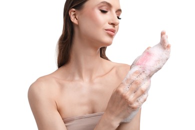 Photo of Beautiful woman washing hands with soap bar on white background, closeup