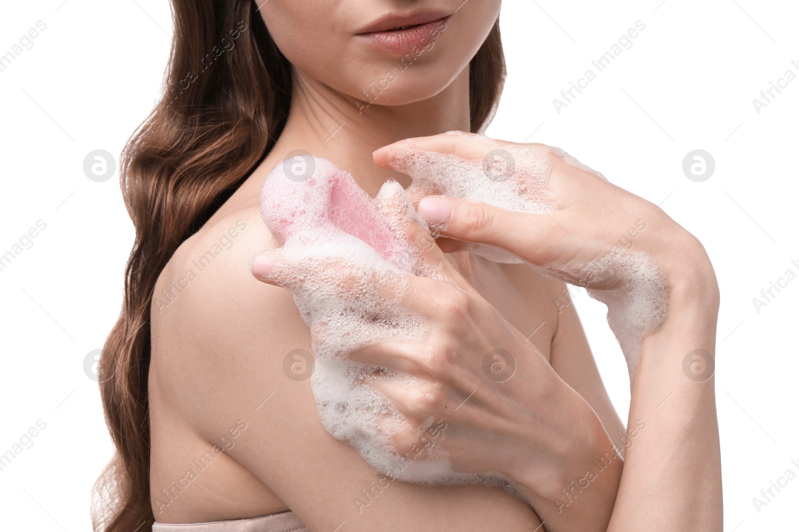 Woman with foaming soap bar on white background, closeup Photo of Woman with foaming soap bar on white background, closeup
