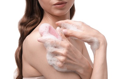 Photo of Woman with foaming soap bar on white background, closeup