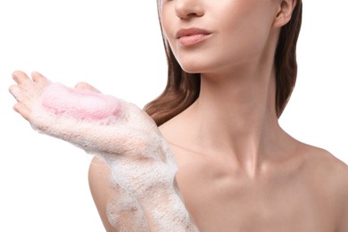 Photo of Woman with foaming soap bar on white background, closeup