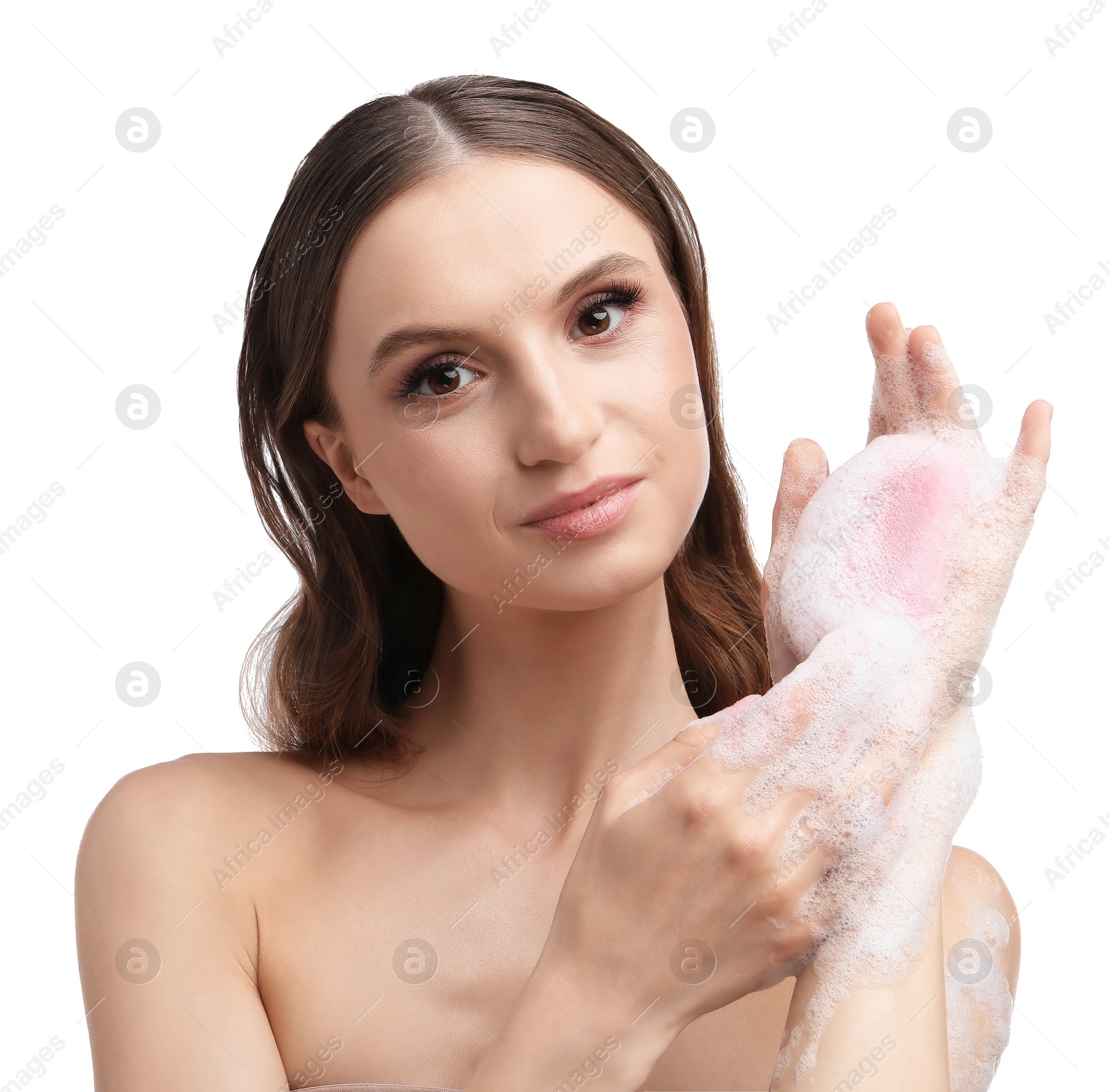Beautiful woman washing hands with soap bar on white background, closeup Photo of Beautiful woman washing hands with soap bar on white background, closeup