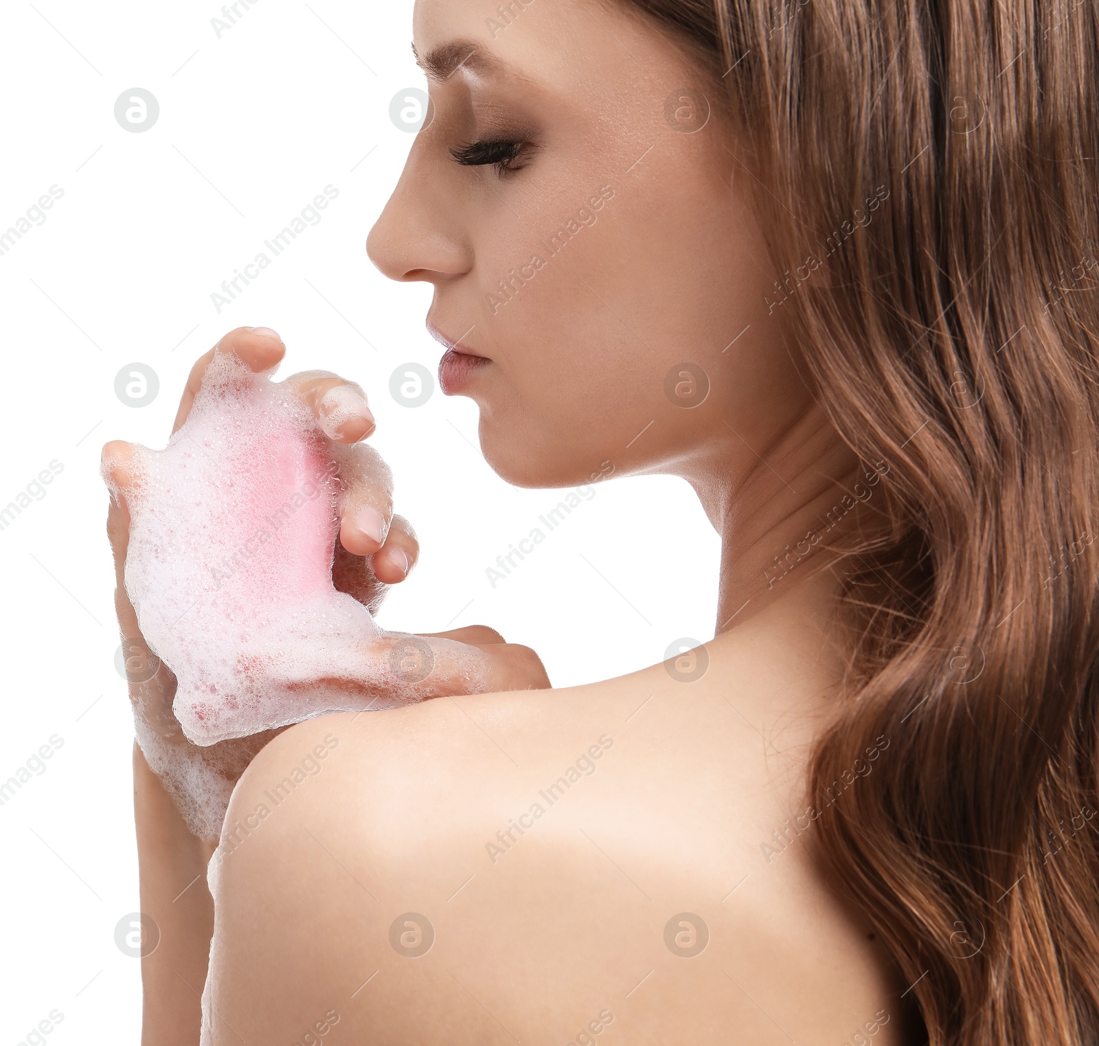 Beautiful woman with soap bar on white background, closeup Photo of Beautiful woman with soap bar on white background, closeup