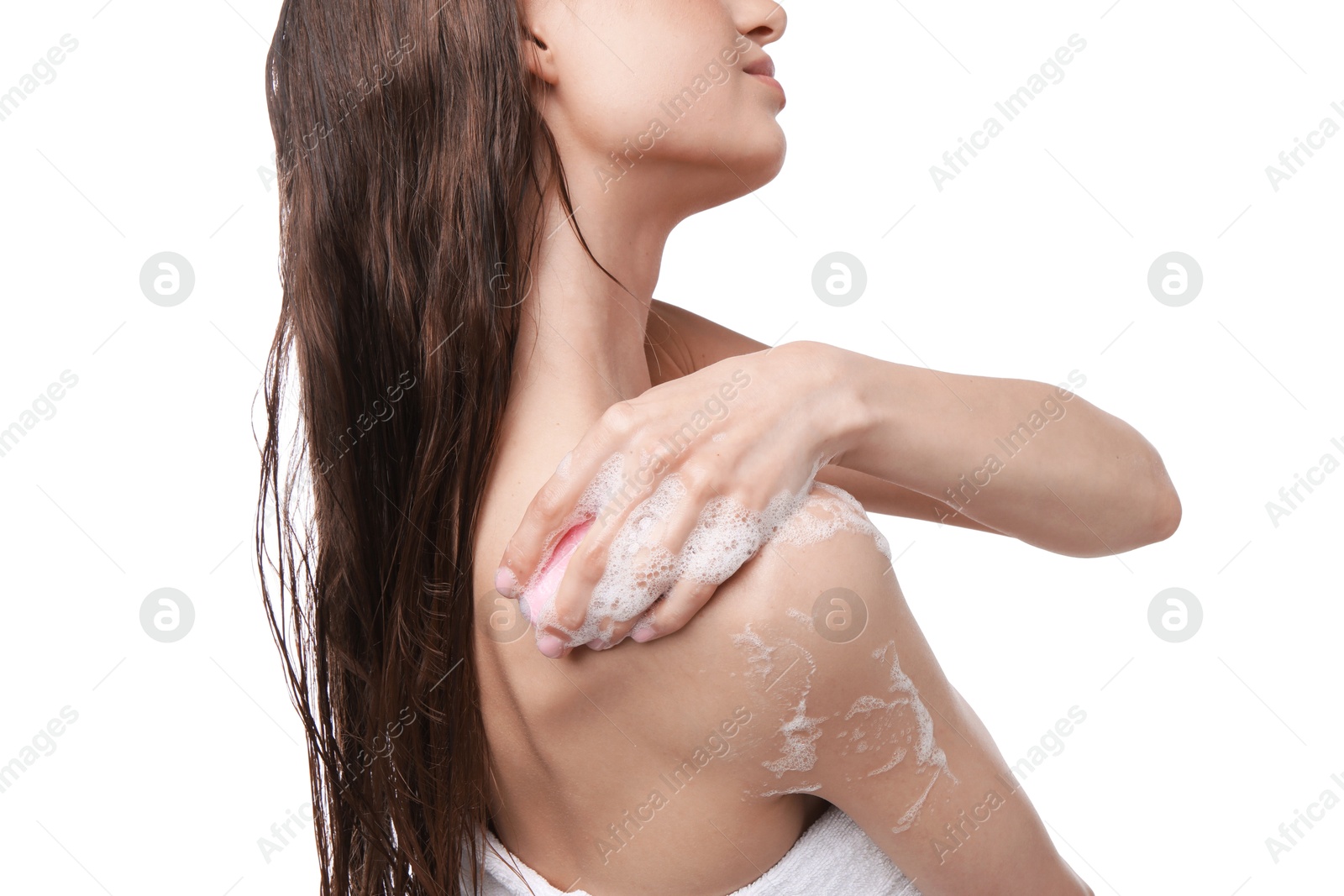 Woman washing body with soap bar on white background, closeup Photo of Woman washing body with soap bar on white background, closeup