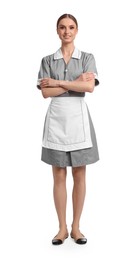 Photo of Full-length portrait of smiling chambermaid on white background