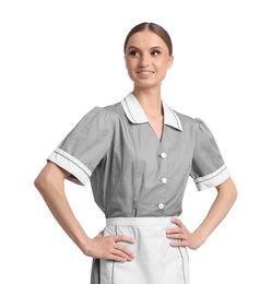 Photo of Portrait of smiling chambermaid on white background