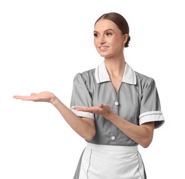 Photo of Portrait of smiling chambermaid on white background