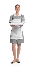 Photo of Chambermaid with stack of clean towels on white background