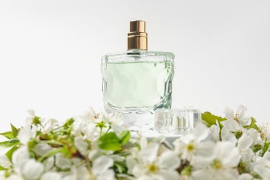 Photo of Bottle of aromatic perfume and twigs with beautiful flowers on white background, closeup. Stylish presentation of product
