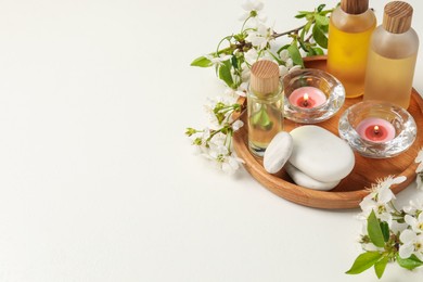 Photo of Spa products, burning candles, pebble stones and twigs with beautiful flowers on white background. Space for text