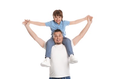 Photo of Father and his son having fun together on white background