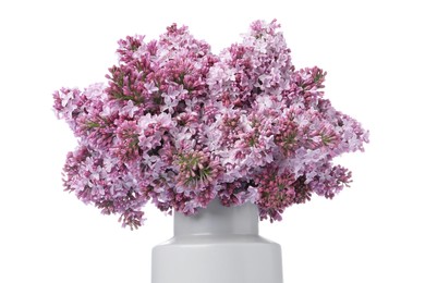 Photo of Branches with beautiful lilac flowers in vase isolated on white