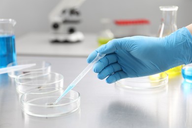 Photo of Scientist dripping liquid from pipette into Petri dish at table in laboratory, closeup