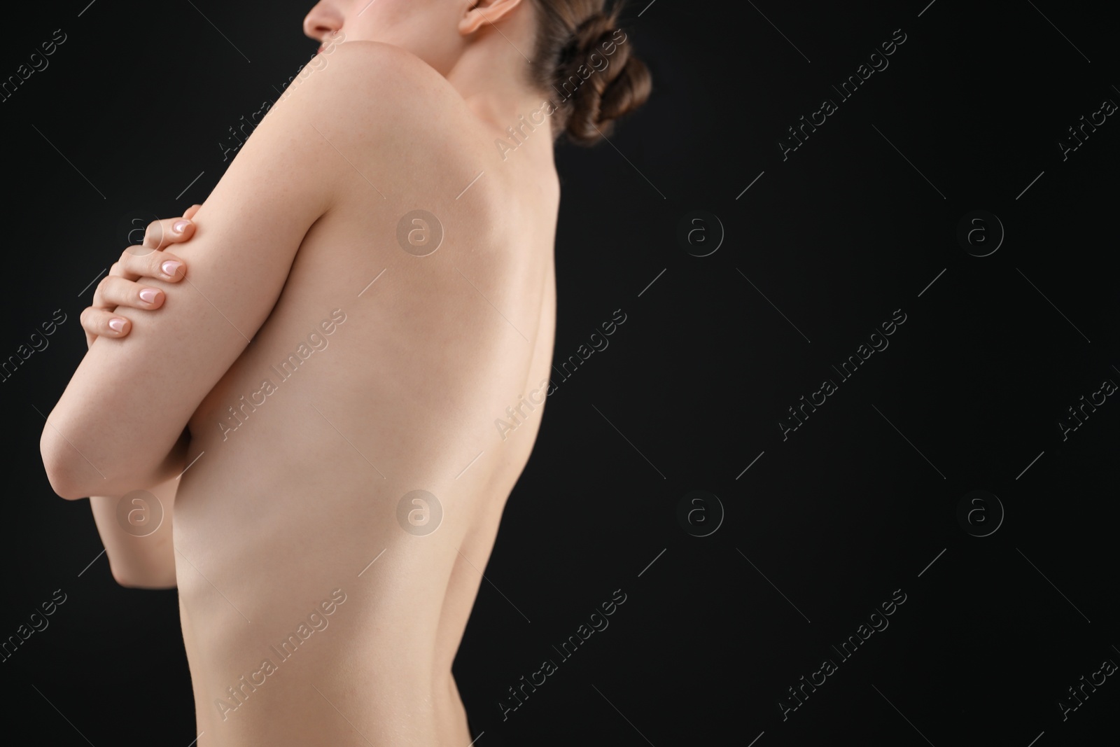Woman with beautiful body on black background, closeup. Space for text Photo of Woman with beautiful body on black background, closeup. Space for text
