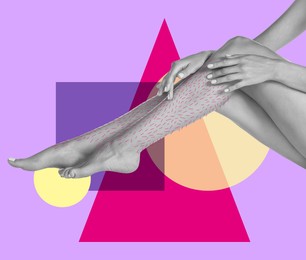 Image of Epilation, creative collage. Woman showing legs with drawn hairs against violet background with geometric shapes