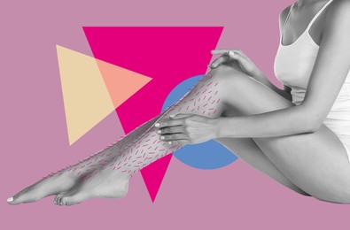 Image of Epilation, creative collage. Woman showing legs with drawn hairs against pink background with geometric shapes
