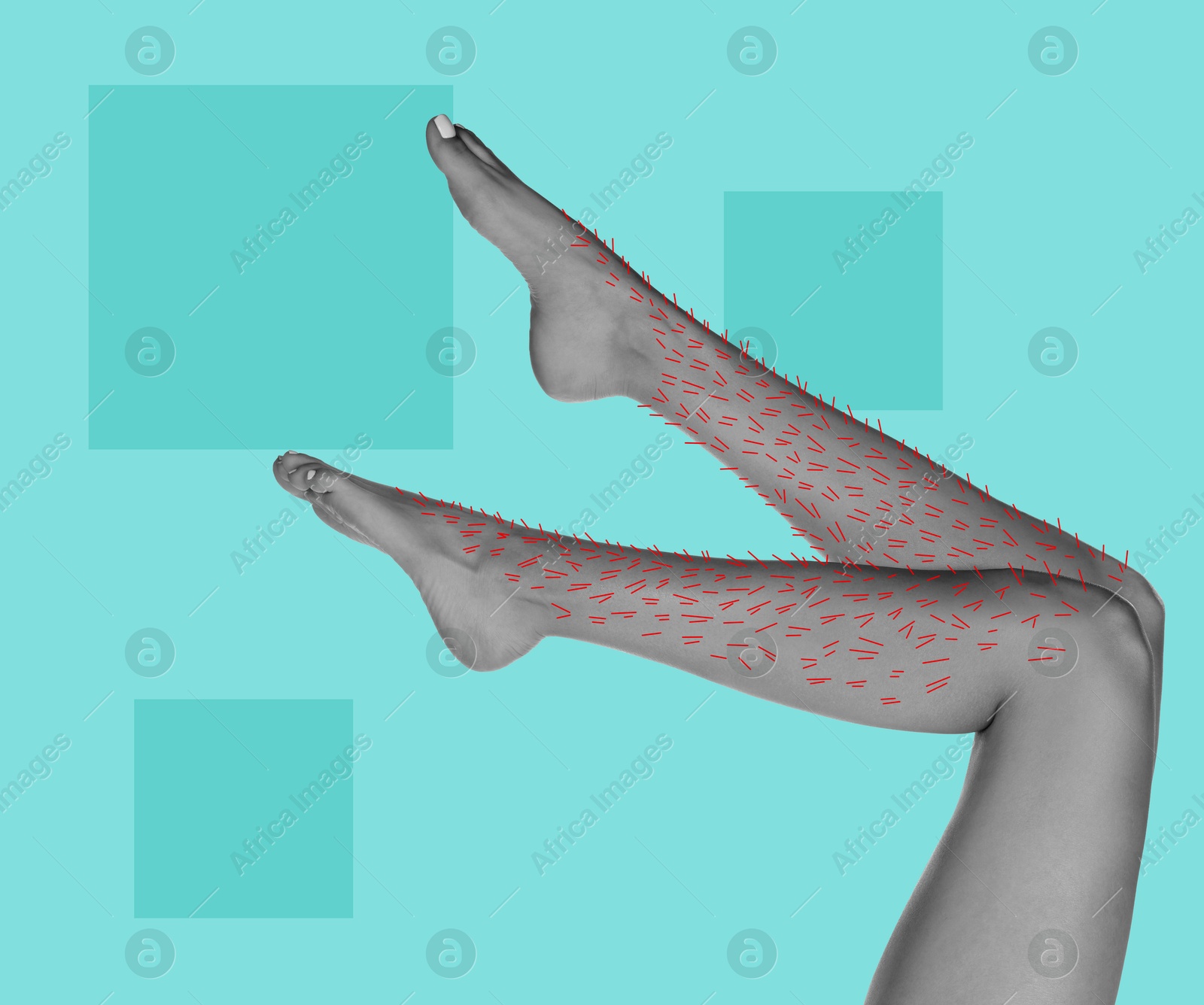 Epilation, creative collage. Woman showing legs with drawn hairs against turquoise background with squares Image of Epilation, creative collage. Woman showing legs with drawn hairs against turquoise background with squares