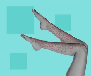 Image of Epilation, creative collage. Woman showing legs with drawn hairs against turquoise background with squares