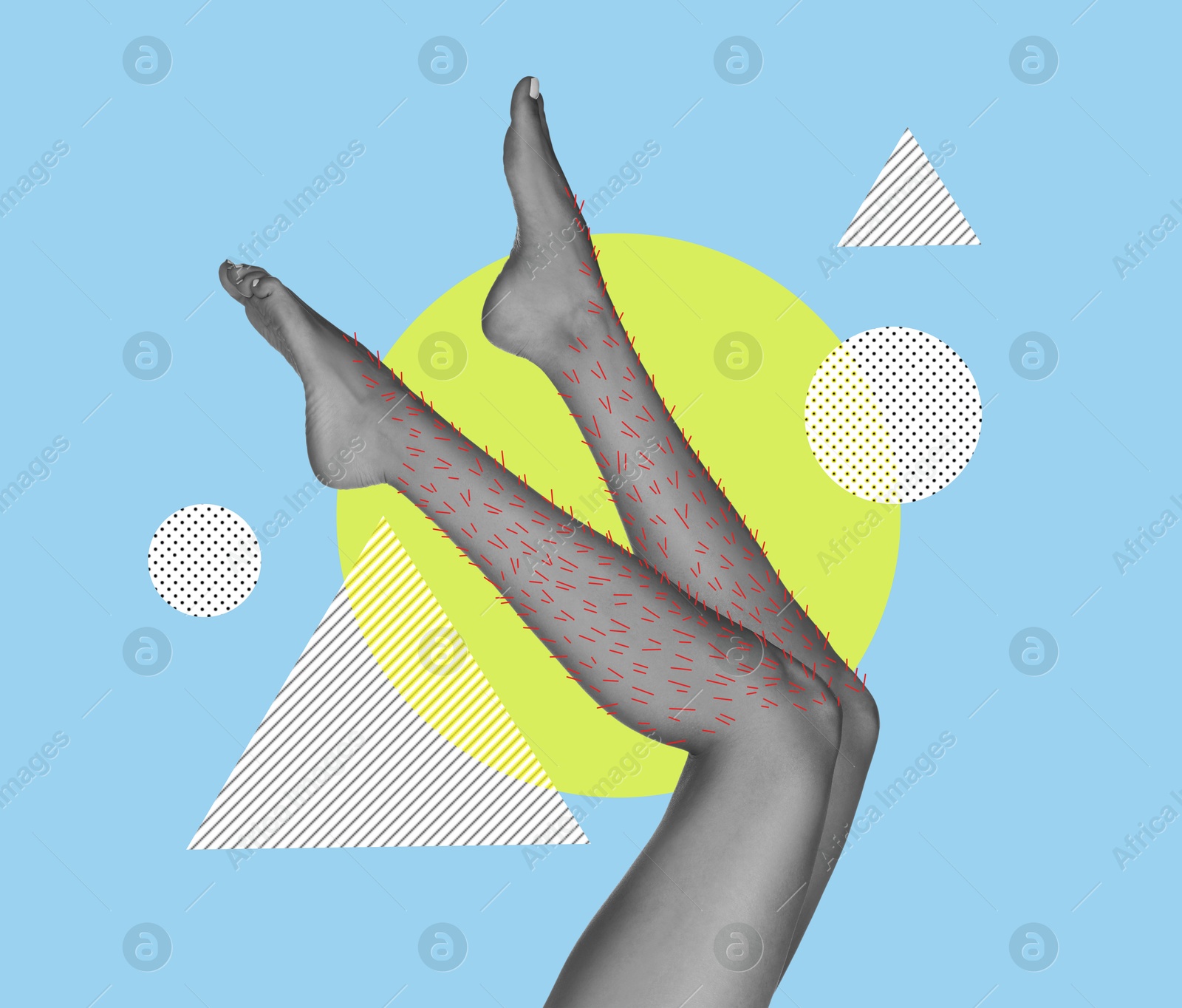 Epilation, creative collage. Woman showing legs with drawn hairs against light blue background with geometric shapes Image of Epilation, creative collage. Woman showing legs with drawn hairs against light blue background with geometric shapes