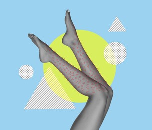 Image of Epilation, creative collage. Woman showing legs with drawn hairs against light blue background with geometric shapes