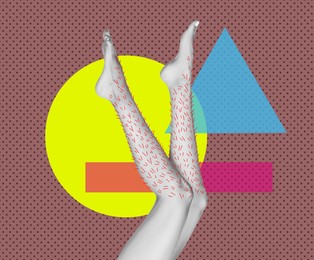 Image of Epilation, creative collage. Woman showing legs with drawn hairs against color background with geometric shapes