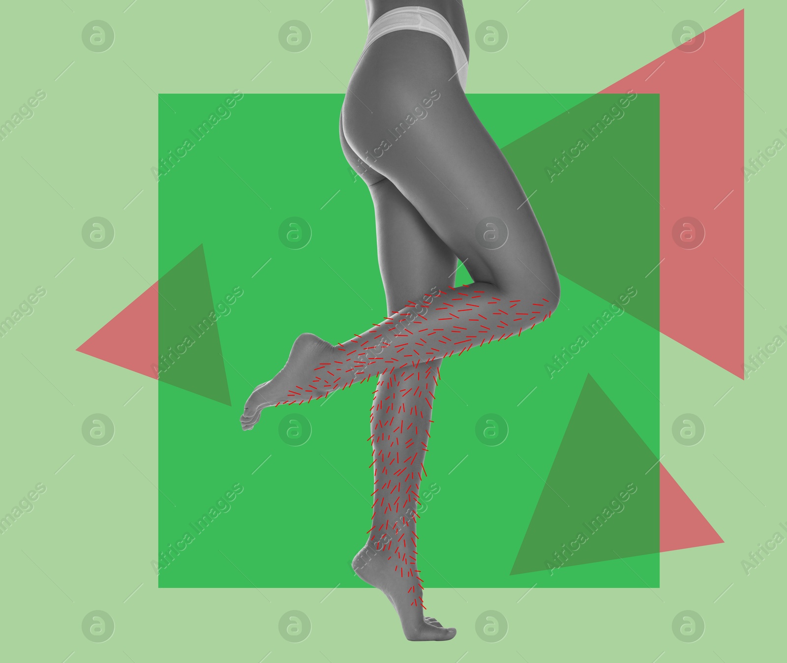Epilation, creative collage. Woman showing legs with drawn hairs against light green background with geometric shapes Image of Epilation, creative collage. Woman showing legs with drawn hairs against light green background with geometric shapes