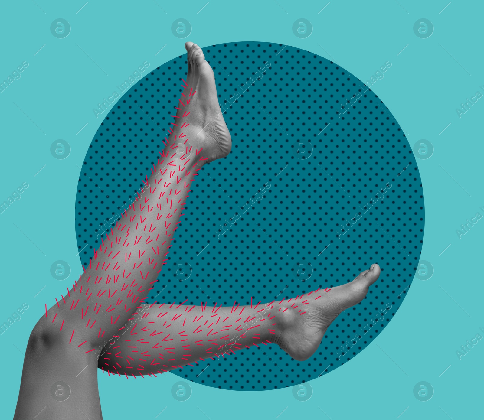 Epilation, creative collage. Woman showing legs with drawn hairs against light blue background with circle Image of Epilation, creative collage. Woman showing legs with drawn hairs against light blue background with circle