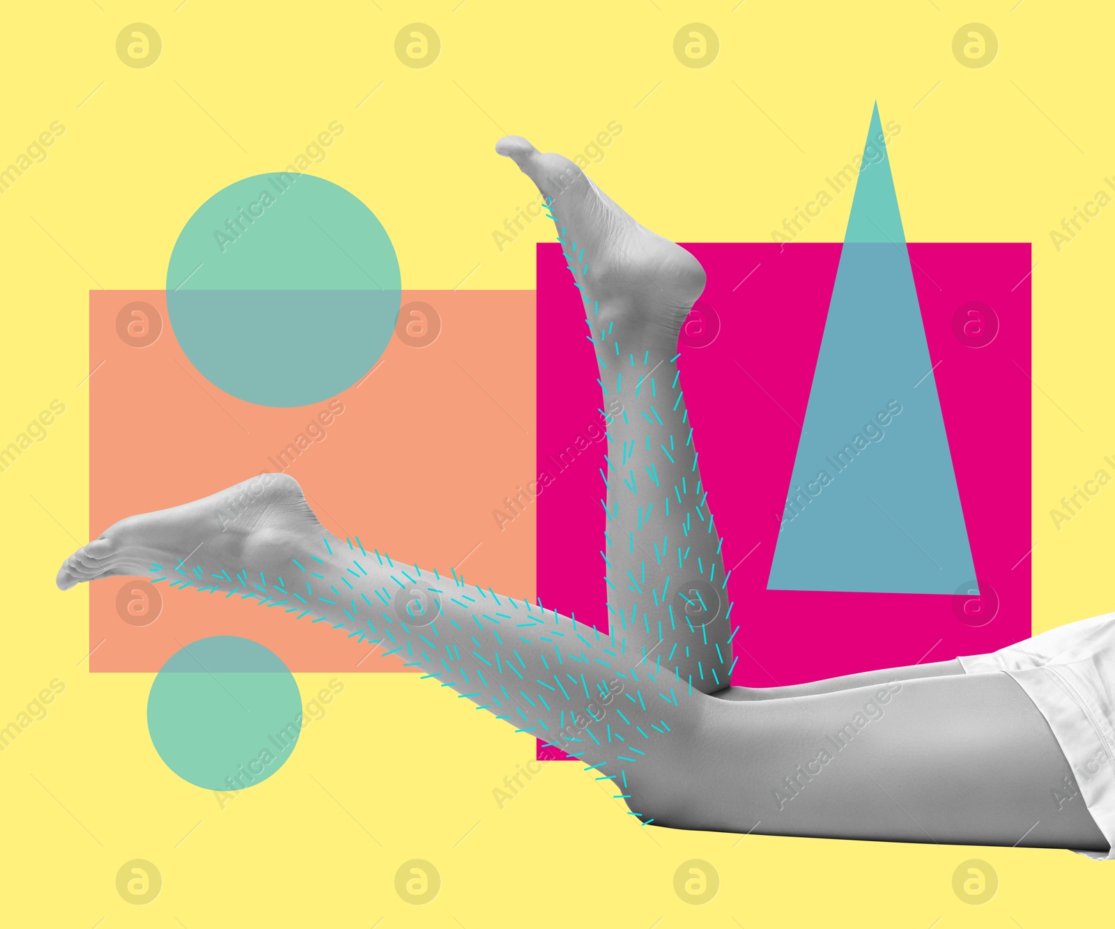 Epilation, creative collage. Woman showing legs with drawn hairs against yellow background with geometric shapes Image of Epilation, creative collage. Woman showing legs with drawn hairs against yellow background with geometric shapes