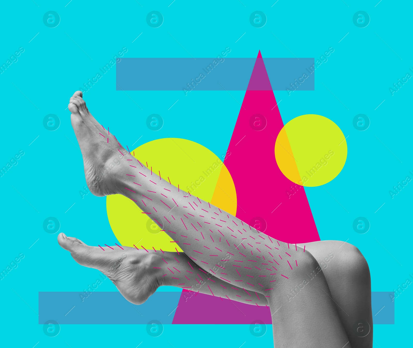Epilation, creative collage. Woman showing legs with drawn hairs against light blue background with geometric shapes Image of Epilation, creative collage. Woman showing legs with drawn hairs against light blue background with geometric shapes