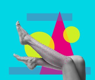 Image of Epilation, creative collage. Woman showing legs with drawn hairs against light blue background with geometric shapes