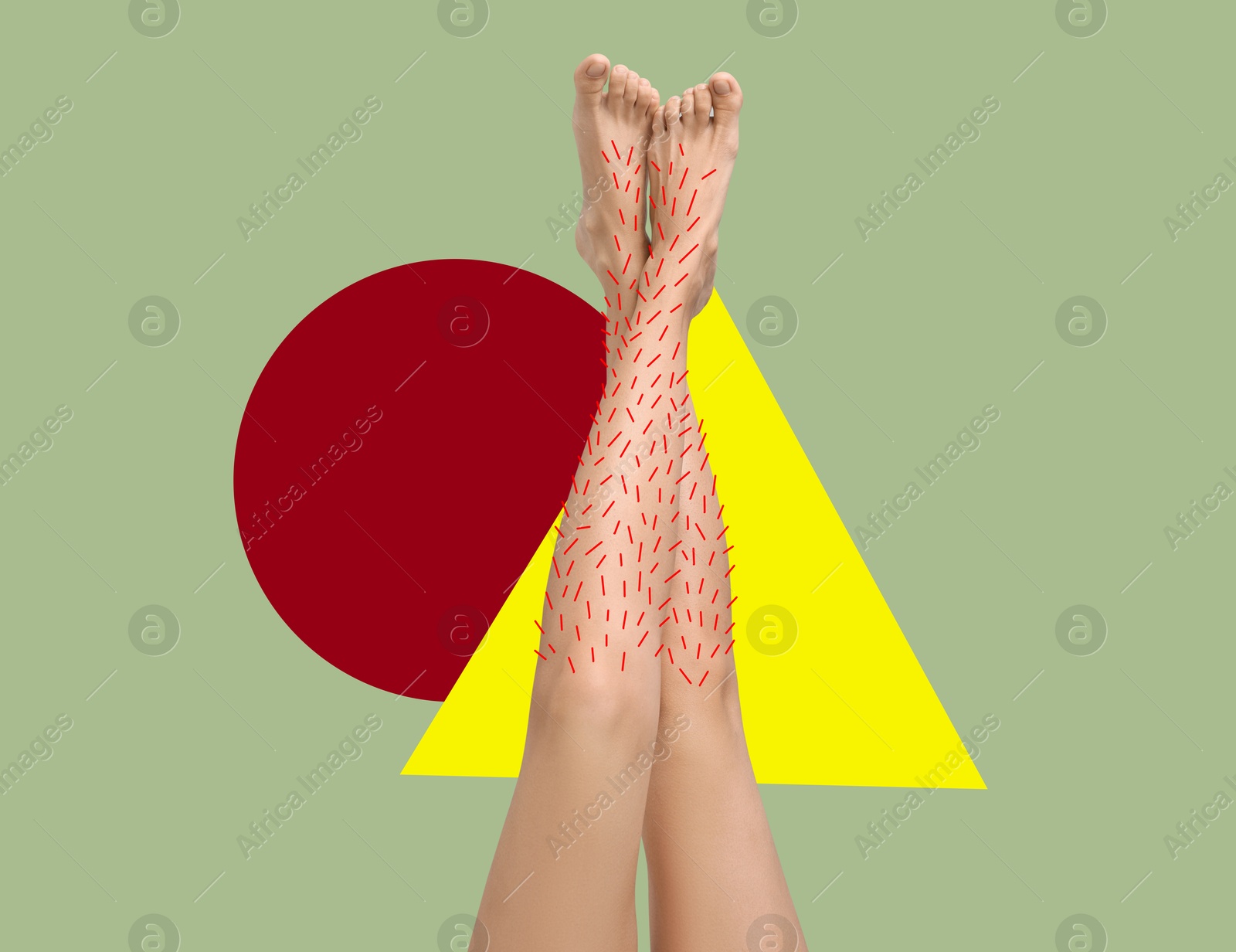 Epilation, creative collage. Woman showing legs with drawn hairs against olive color background with geometric shapes Image of Epilation, creative collage. Woman showing legs with drawn hairs against olive color background with geometric shapes