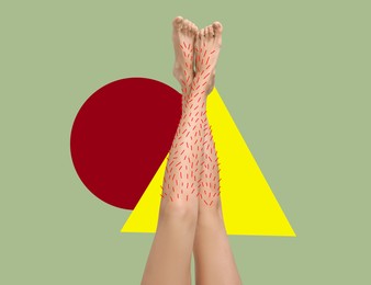 Image of Epilation, creative collage. Woman showing legs with drawn hairs against olive color background with geometric shapes