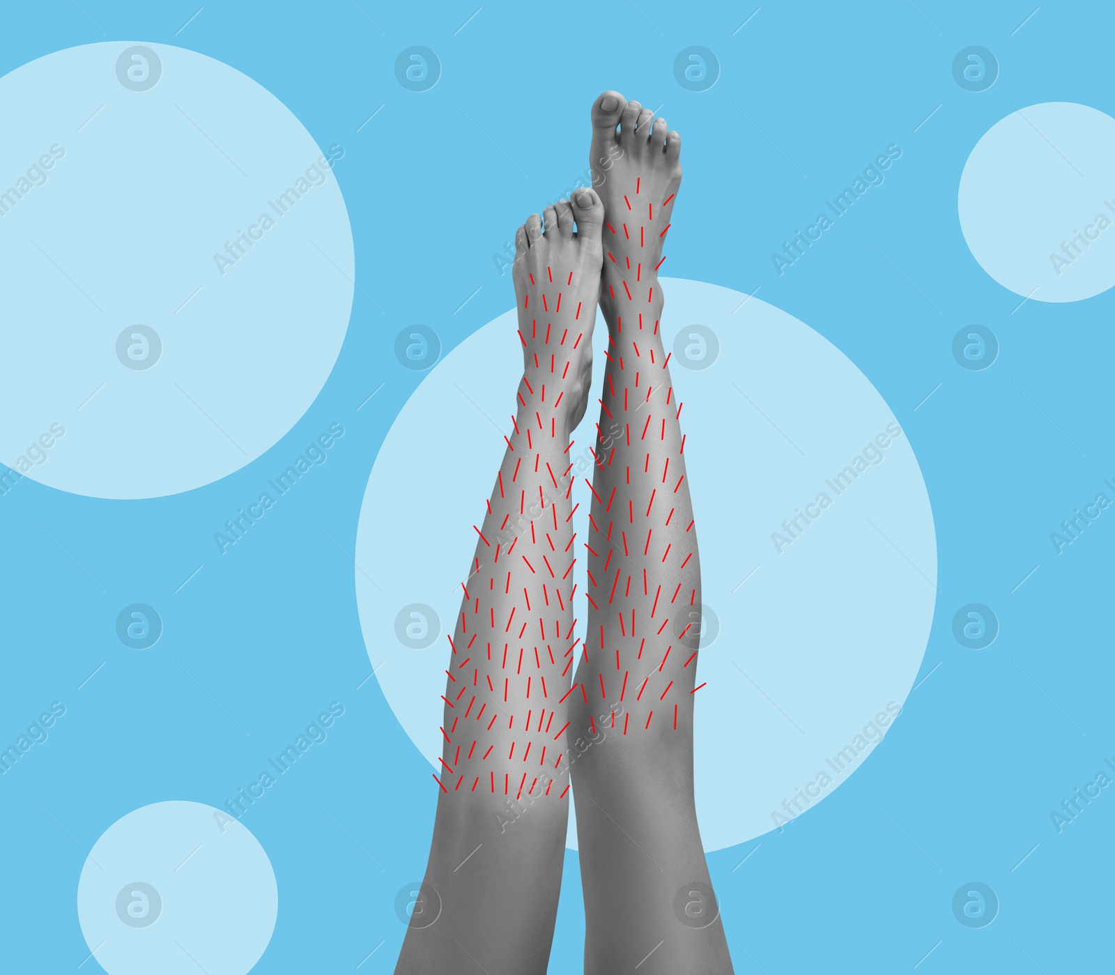 Epilation, creative collage. Woman showing legs with drawn hairs against light blue background with circles Image of Epilation, creative collage. Woman showing legs with drawn hairs against light blue background with circles
