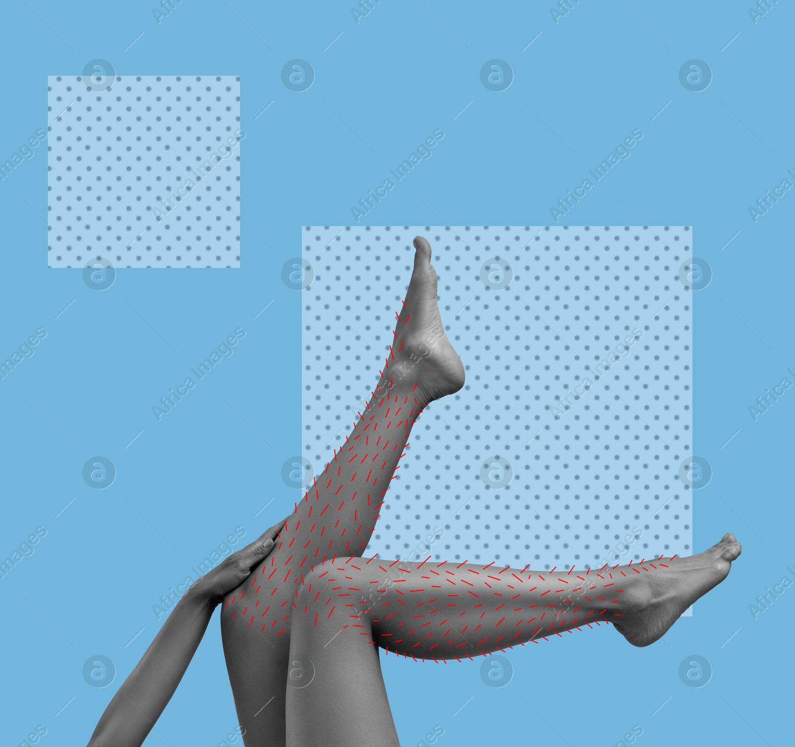 Epilation, creative collage. Woman showing legs with drawn hairs against light blue background with squares Image of Epilation, creative collage. Woman showing legs with drawn hairs against light blue background with squares