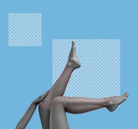 Image of Epilation, creative collage. Woman showing legs with drawn hairs against light blue background with squares