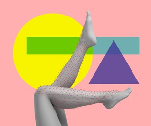 Image of Epilation, creative collage. Woman showing legs with drawn hairs against pink background with geometric shapes