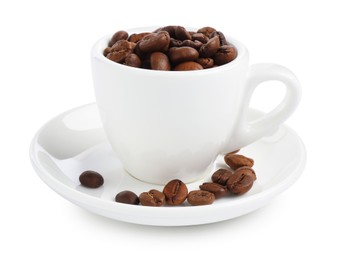 Photo of Ceramic cup with roasted coffee beans isolated on white