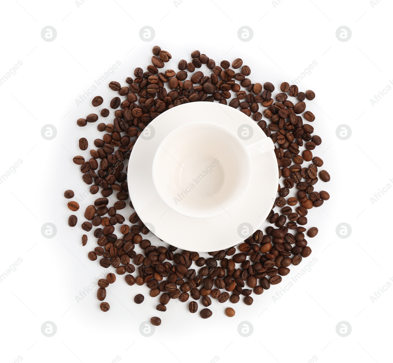 Ceramic cup with roasted coffee beans isolated on white, top view Photo of Ceramic cup with roasted coffee beans isolated on white, top view
