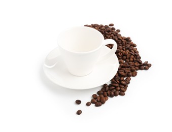 Photo of Ceramic cup with roasted coffee beans isolated on white