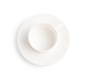 Photo of Empty coffee cup with saucer isolated on white, top view