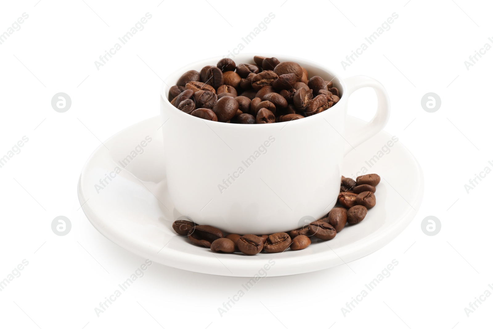 Ceramic cup with roasted coffee beans isolated on white Photo of Ceramic cup with roasted coffee beans isolated on white