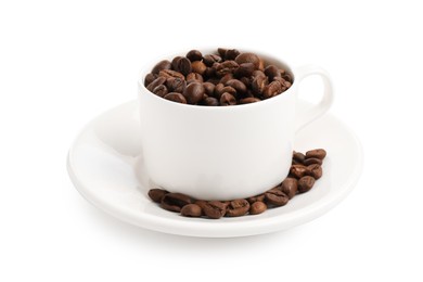 Photo of Ceramic cup with roasted coffee beans isolated on white