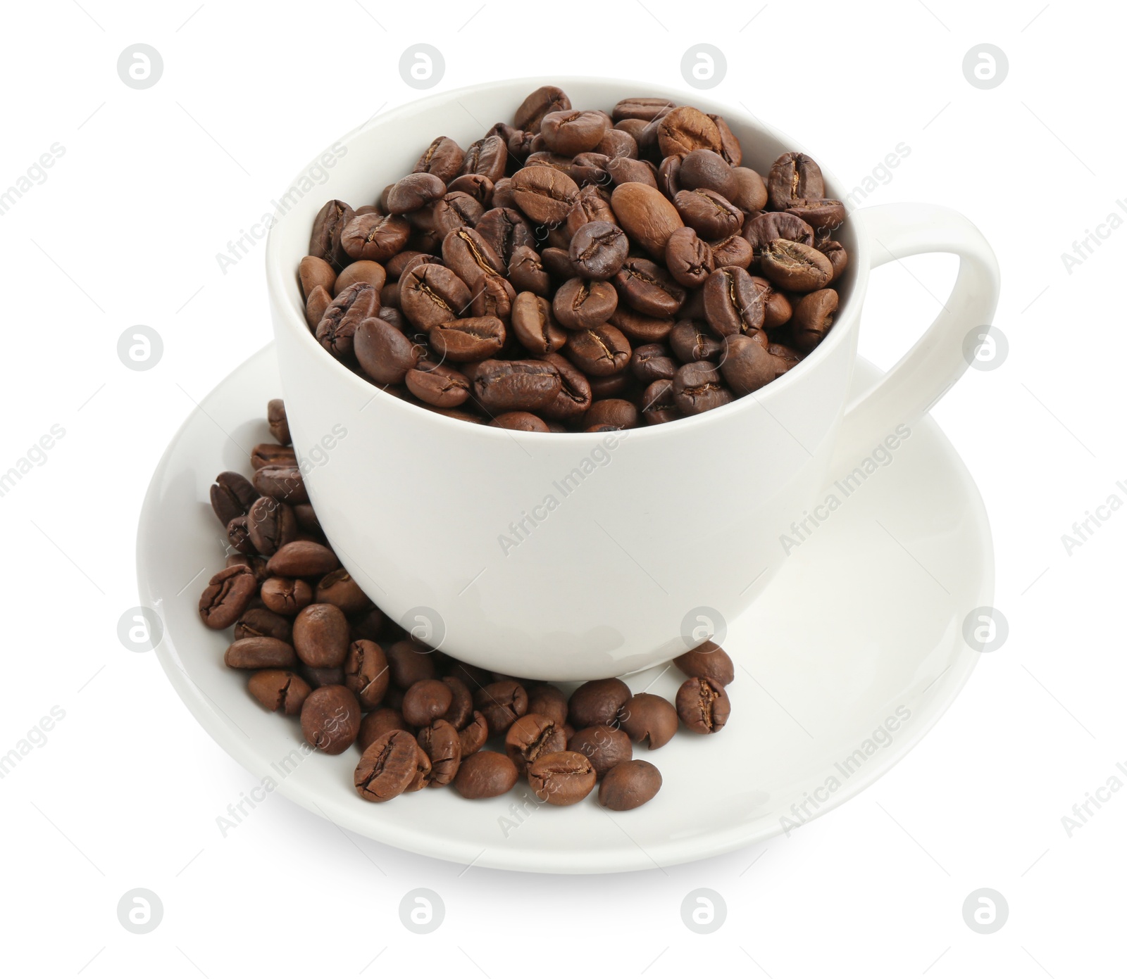 Ceramic cup with roasted coffee beans isolated on white Photo of Ceramic cup with roasted coffee beans isolated on white