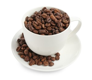 Photo of Ceramic cup with roasted coffee beans isolated on white