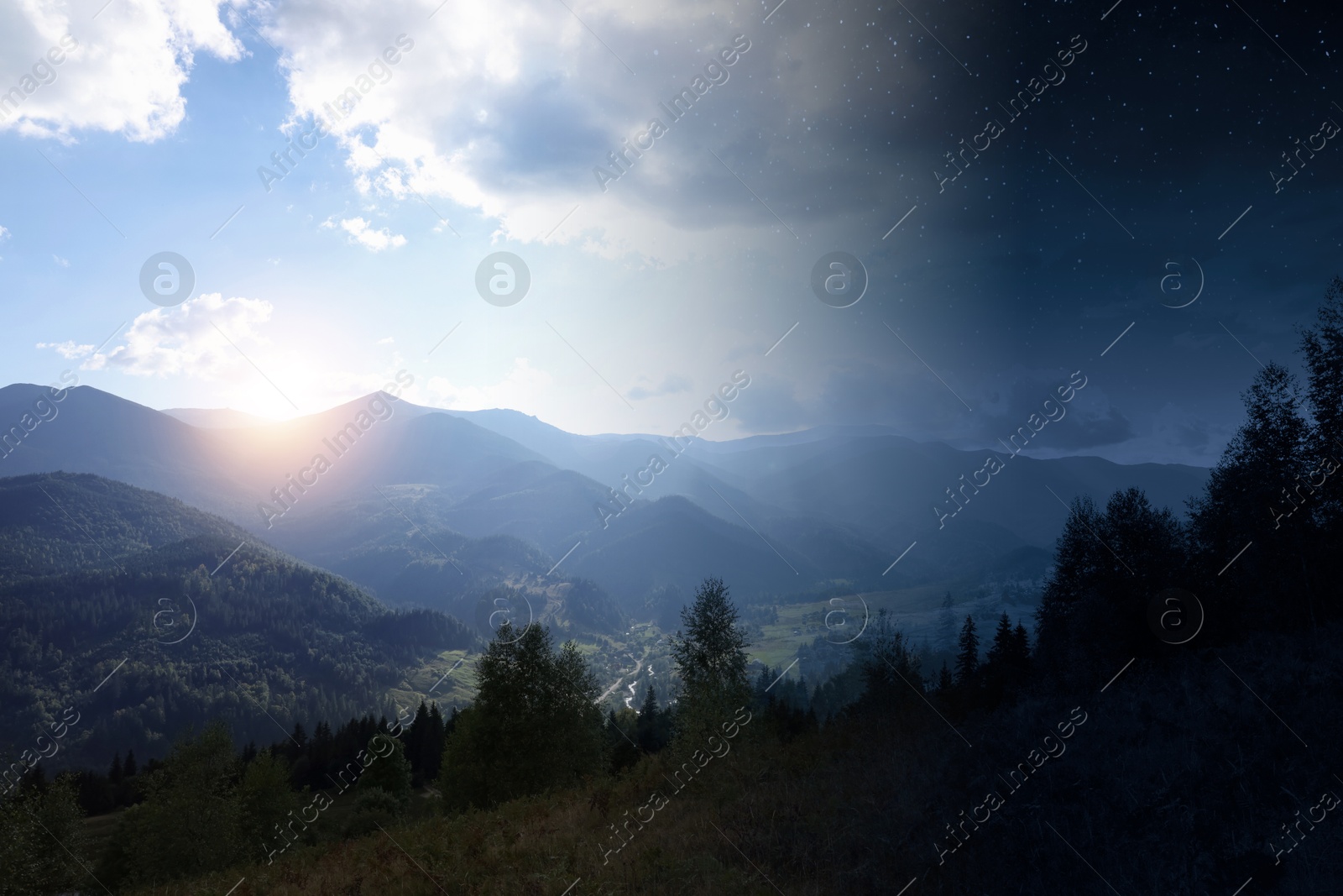 Mountain landscape on sunny day and starry night. Combined design Image of Mountain landscape on sunny day and starry night. Combined design