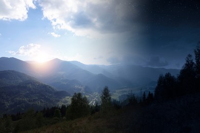 Image of Mountain landscape on sunny day and starry night. Combined design