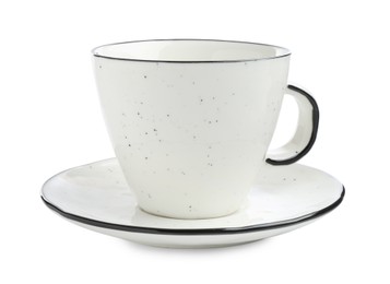 Photo of Empty coffee cup with saucer isolated on white