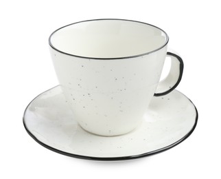 Photo of Empty coffee cup with saucer isolated on white