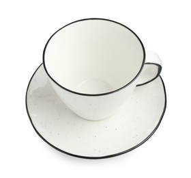 Photo of Empty coffee cup with saucer isolated on white